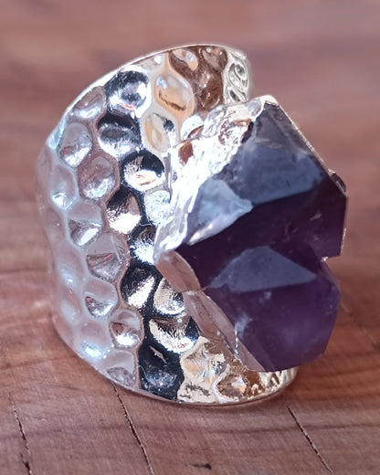 ANILLO DE DRUSA DE AMATISTA BASE CHAPADA EN PLATA