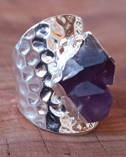 ANILLO DE DRUSA DE AMATISTA BASE CHAPADA EN PLATA